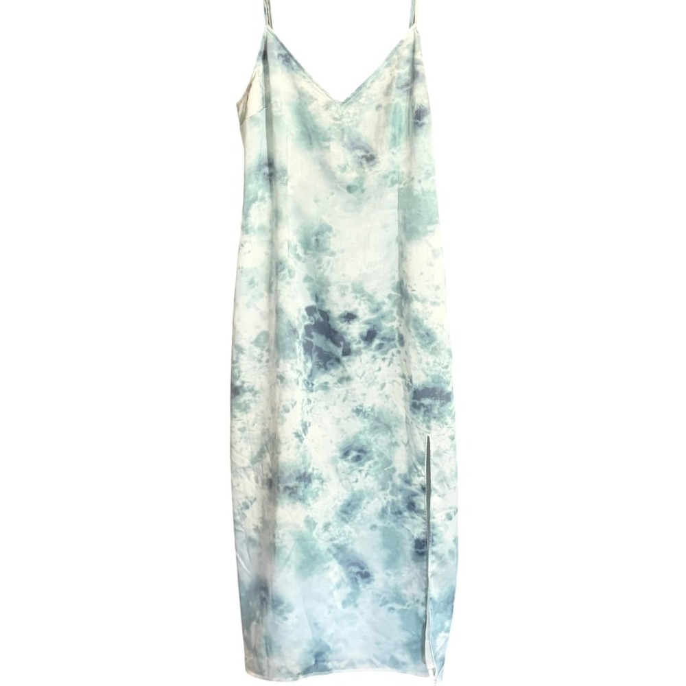 Abercrombie & Fitch Satin Slip Midi Dress Blue Green Watercolor SP